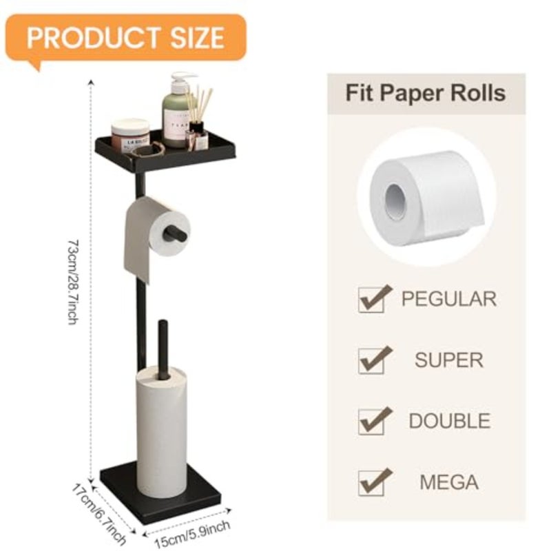 Toilet Paper Holder, Free Standing Toilet Roll Holder for 3-4 Rolls with Heavy Base, Tissue Paper Roll Dispenser Storage with Tray for Bathroom - Image 4