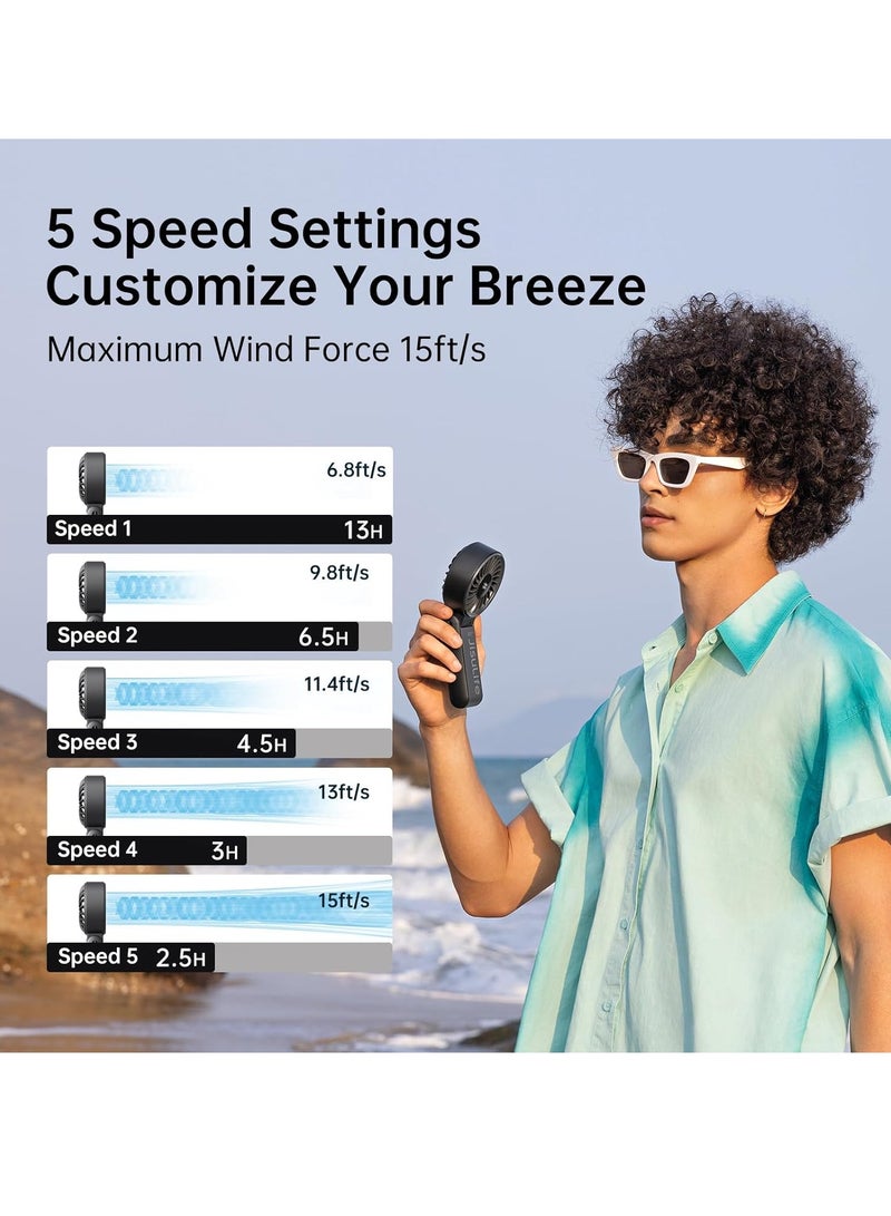 مروحة محمولة صغيرة، مروحة قوية محمولة لعام 2024 مع شاشة LED، مروحة يدوية صغيرة 3 في 1، مروحة محمولة قابلة لإعادة الشحن، بحجم 150 درجة مئوية، 5 سرعات، حبل للعنق، مروحة شخصية هادئة، سوداء - Image 2