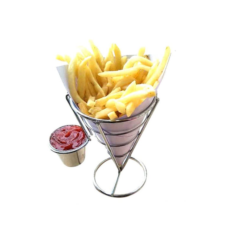 Stainless Steel French Fry Cone Holder With Sauce Dippers For Buffet Party Food Display - Image 2