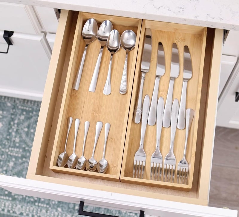 Fabsome Kitchen Utensil Drawer Organizer, Bamboo Silverware Cutlery Flatware Organizer Bins for Drawer, Wooden Container Storage Trays for Bathroom Vanity Junk Drawer, 15" x 6" Set of 2 - Image 5