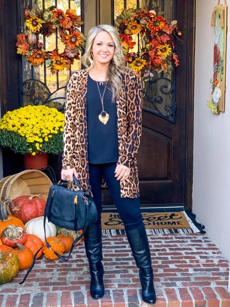 QegarTop Womans Long Cardigan with Pockets Printed Sexy Lightweight Button Cardigans Shirts for Ladies Brown - Image 2