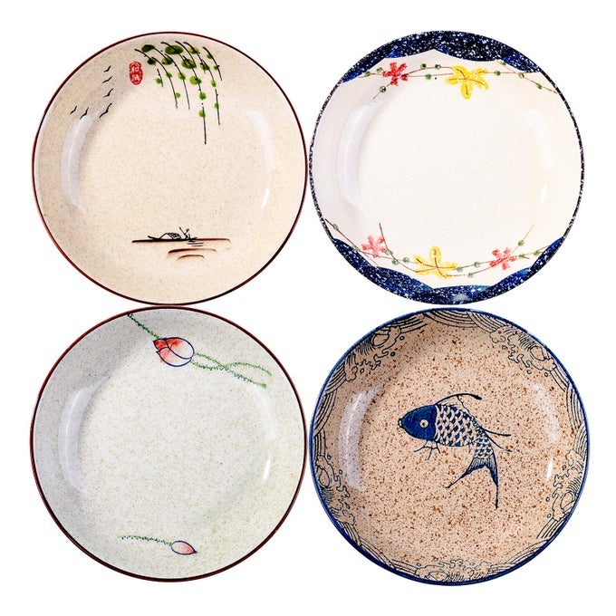 JAPANESE 8 INCH RETRO DINNER PLATES PORCELAIN PLATE SET OF 4 CERAMIC DISHES MICROWAVABLE PLATES