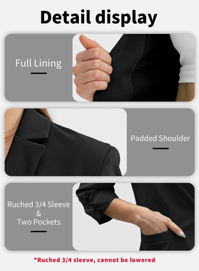ELLEVEN Women's Ruched 3/4 Sleeve Blazers, Lightweight Slim Fit Jackets with Padded Shoulder for Business Casual, Black, XL - Image 5