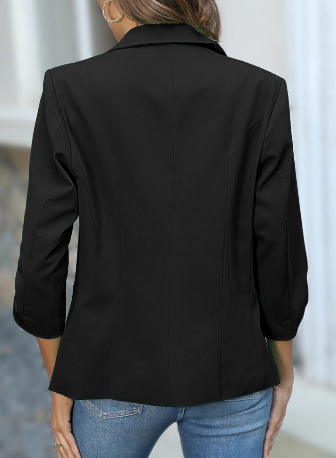 ELLEVEN Women's Ruched 3/4 Sleeve Blazers, Lightweight Slim Fit Jackets with Padded Shoulder for Business Casual, Black, XL - Image 3