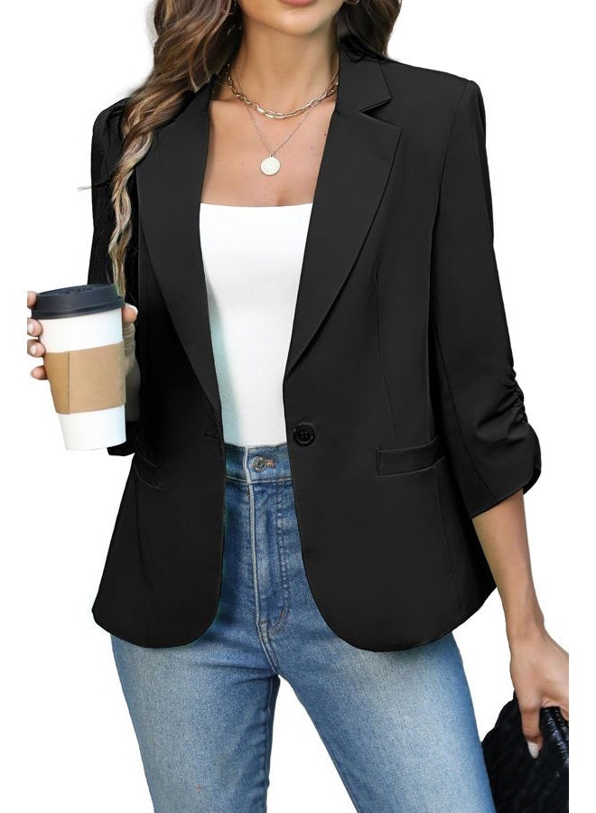 ELLEVEN Women's Ruched 3/4 Sleeve Blazers, Lightweight Slim Fit Jackets with Padded Shoulder for Business Casual, Black, XL - Image 1