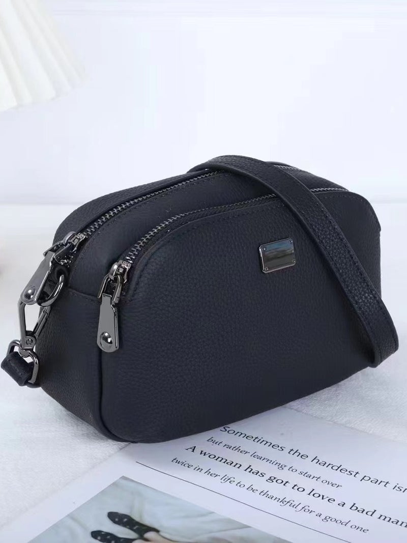 Genuine Leather Camera Bag Soft Cowhide Messenger Bag Double Zipper Shoulder Bag Fashion Small Square Bag All-Match Small Bag - Image 2