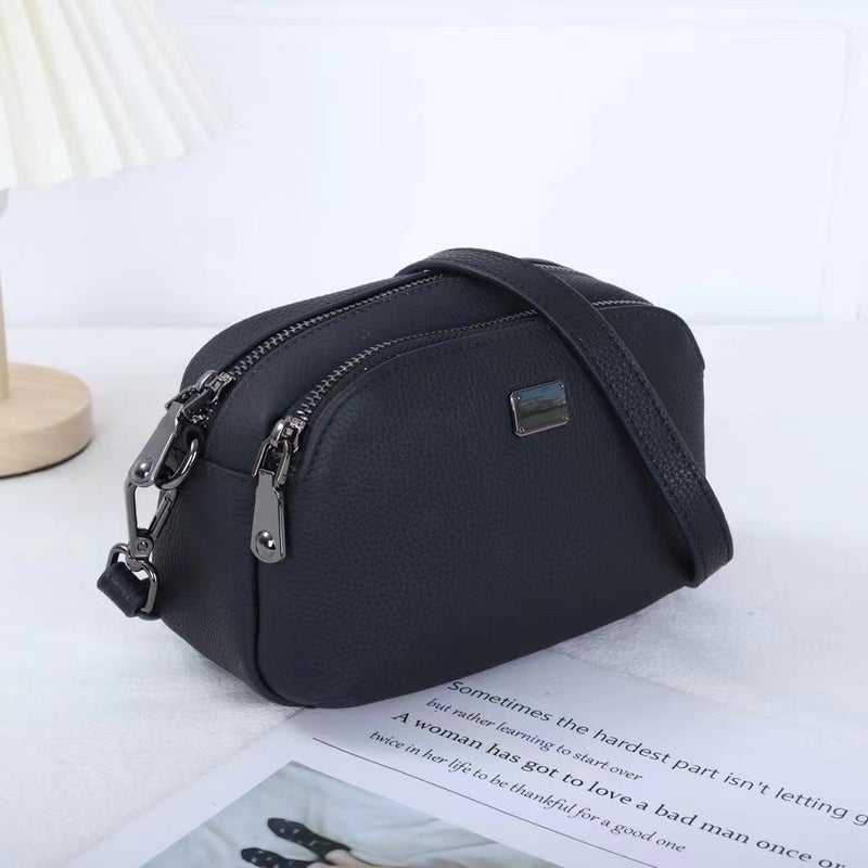 Genuine Leather Camera Bag Soft Cowhide Messenger Bag Double Zipper Shoulder Bag Fashion Small Square Bag All-Match Small Bag - Image 1
