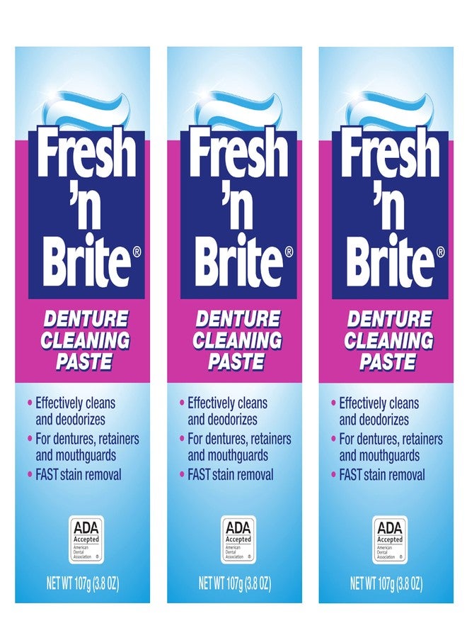 ستيم-يو-دينت معجون تنظيف أطقم الأسنان Fresh 'n Brite، مناسب لأطقم الأسنان الكاملة، وأطقم الأسنان الجزئية المتحركة، وأجهزة تقويم الأسنان، وواقيات الفم، وواقيات الأسنان الليلية، يزيل البقع بسرعة، عبوة من 3 أنابيب، كل أنبوب 3.8 أونصة. - Image 1