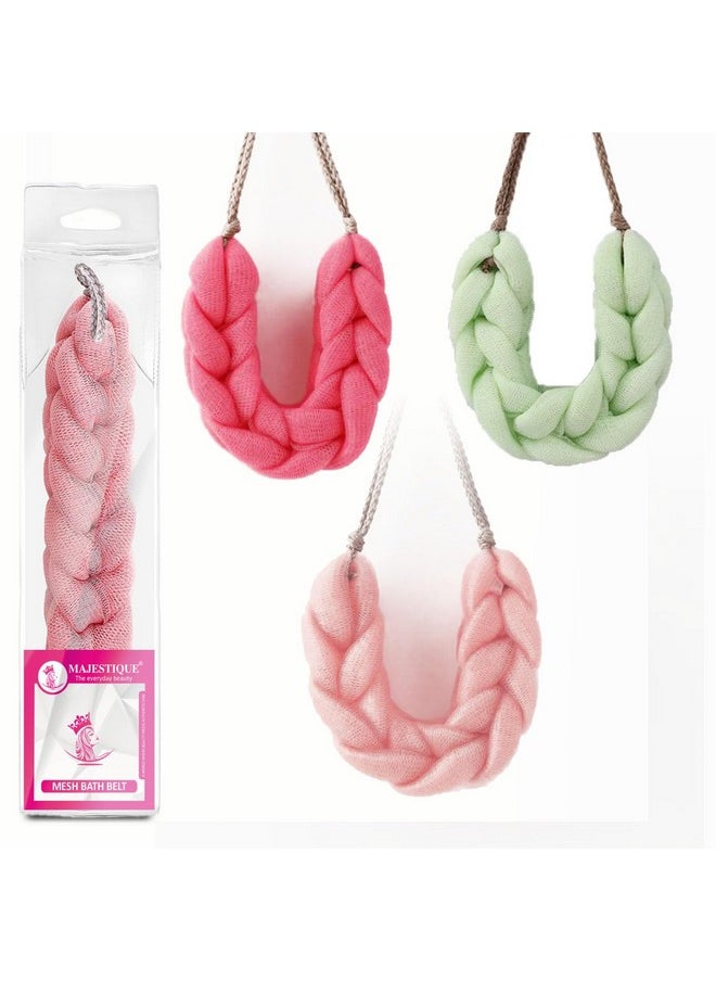MAJESTIQUE Majestique Bath Belt Long Bath Loofah Stretchable Braided Mesh Exfoliating Back Scrubber Body Shower Sponge -Random Colors Value Pack best for Men and Women (Pack of 3)  - Image 1