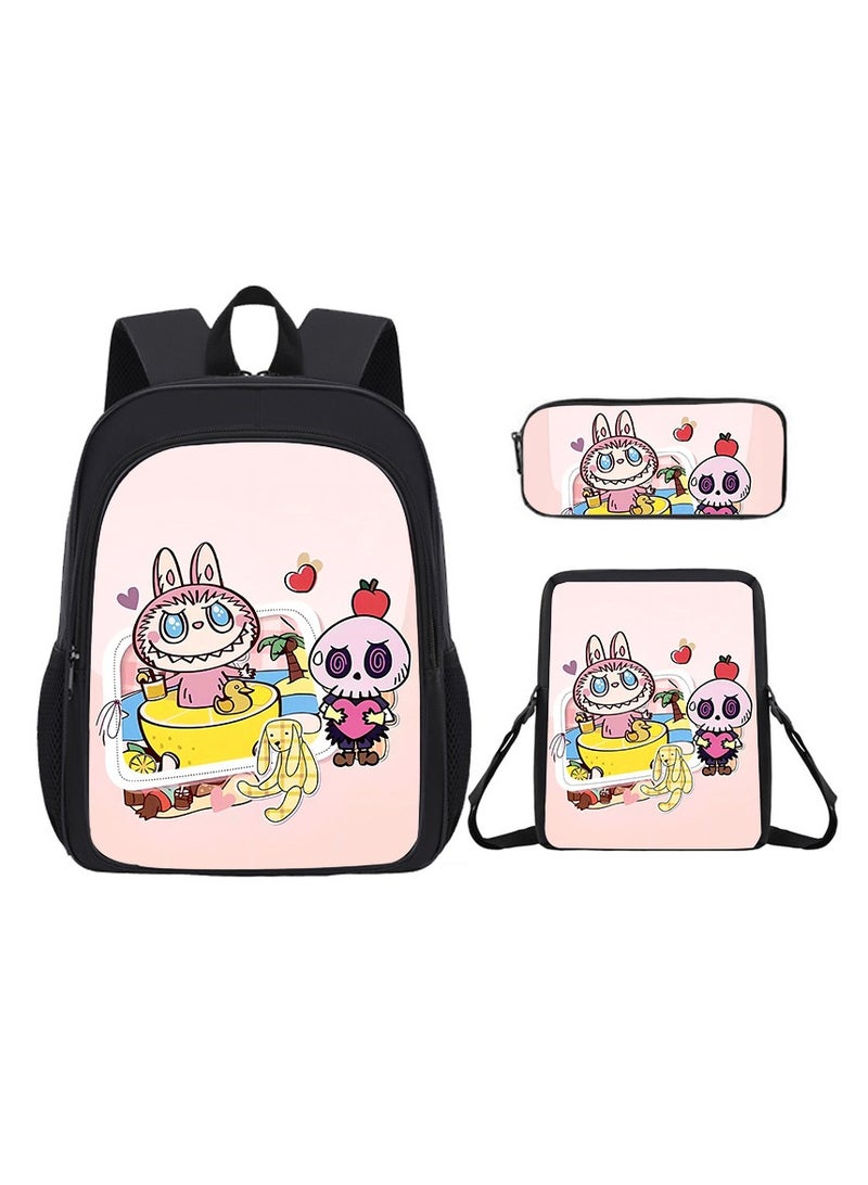 لابوبو حقيبة لابوبو المدرسية الكرتونية للطلاب، حقيبة ظهر لطيفة للأطفال، سعة كبيرة 34*26*14 سم + حقيبة غداء 23*19*6 سم + مقلمة 11*24*7 سم، طقم من ثلاث قطع. - Image 1