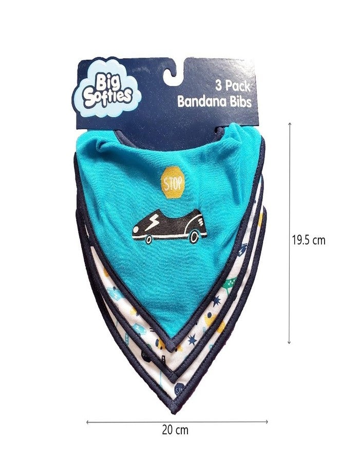 Big Softies مرايل أطفال حديثي الولادة من بيج سوفتيز، مطبوعة على شكل باندانا، مزودة بشريط فيلكرو ناعم - لون السيارة | مزيج من القطن | قابلة لإعادة الاستخدام | فائقة النعومة والامتصاص | مناسبة لسيلان اللعاب، والتسنين، والرضاعة | للأولاد من عمر 0 إلى 12 شهرًا | عبوة من 3 قطع - Image 3