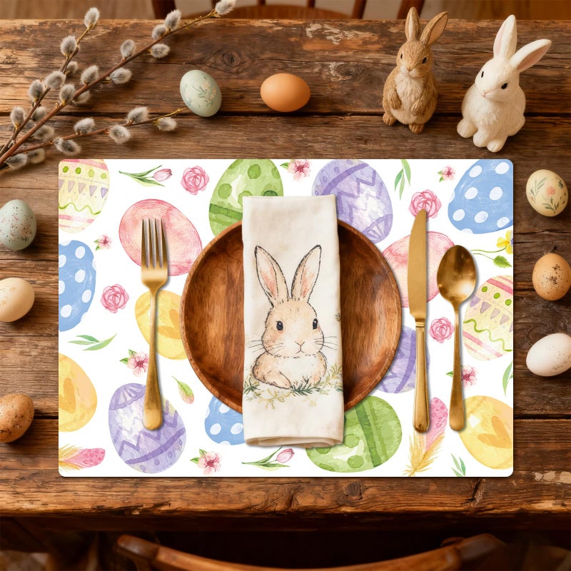 Tarklanda Easter Eggs Placemats Set of 6, 11 x 15.7 Inch Watercolor Easter Eggs Plastic Placemat Seasonal Spring Floral Washable Vinyl Table Mats for Kitchen Dining Holiday Party Decoration - Image 2