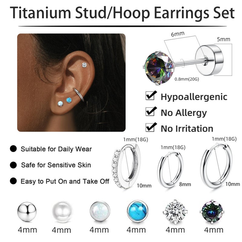 LOFITOR Titanium Earrings for Men Women 20G Titanium Steel Flat Back Earrings Stud and Hoop Earring for Sensitive Ears Moonstone Hypoallergenic Cartilage Flatback Stud Earring Silver Plated - Image 4