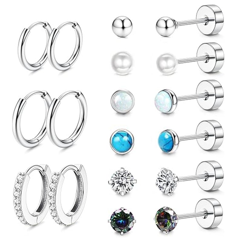 LOFITOR Titanium Earrings for Men Women 20G Titanium Steel Flat Back Earrings Stud and Hoop Earring for Sensitive Ears Moonstone Hypoallergenic Cartilage Flatback Stud Earring Silver Plated - Image 1