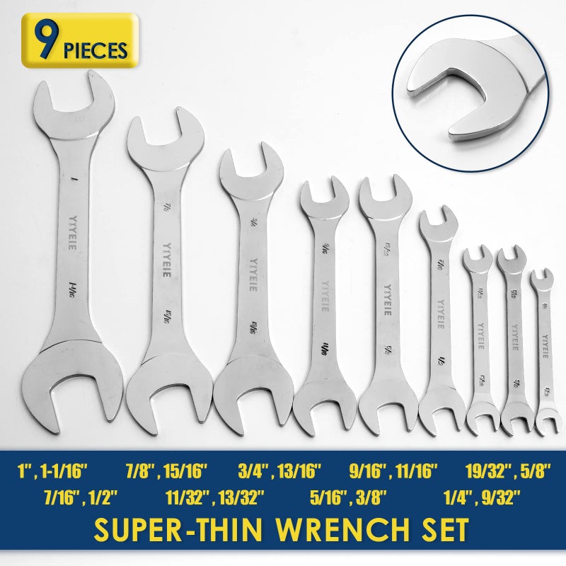 YIYEIE Super-Thin Open End Wrench Set, 9-Piece SAE, 1/4" to 1-1/16", Chrome Vanadium Steel With Mirror Polish, Ultra-Slim Wrench Set with Rolling Pouch - Image 2