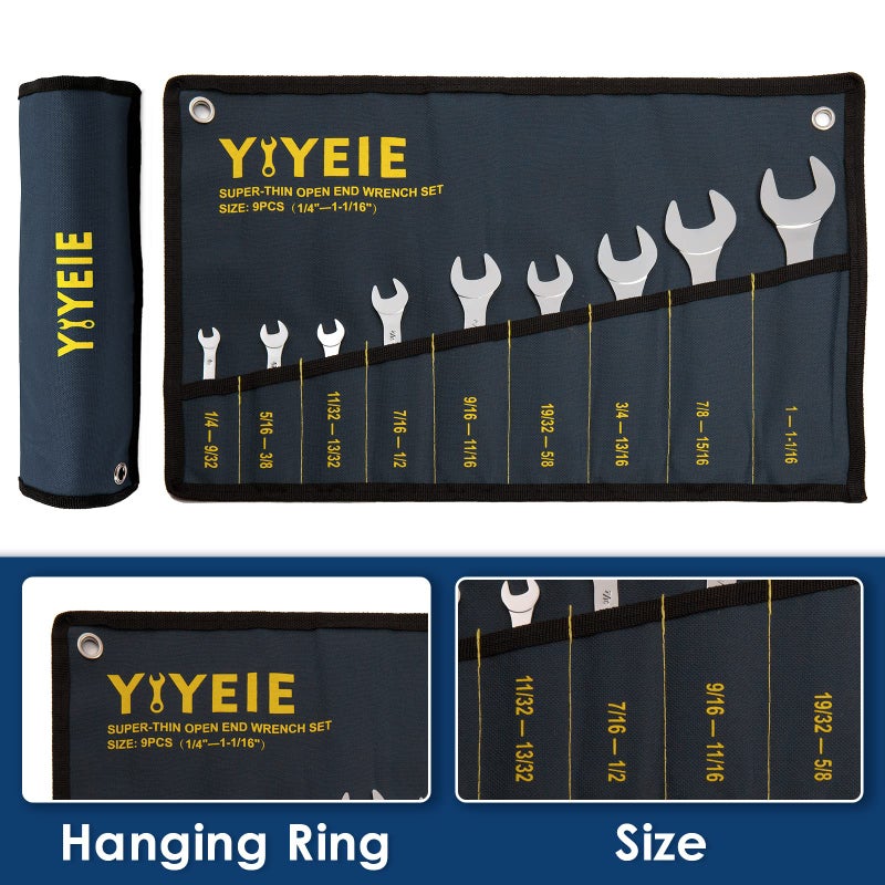 YIYEIE Super-Thin Open End Wrench Set, 9-Piece SAE, 1/4" to 1-1/16", Chrome Vanadium Steel With Mirror Polish, Ultra-Slim Wrench Set with Rolling Pouch - Image 5