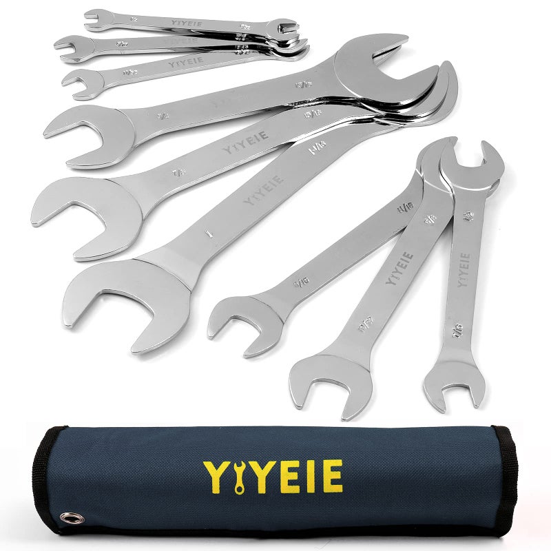 YIYEIE Super-Thin Open End Wrench Set, 9-Piece SAE, 1/4" to 1-1/16", Chrome Vanadium Steel With Mirror Polish, Ultra-Slim Wrench Set with Rolling Pouch - Image 1