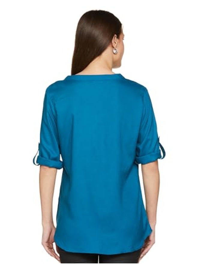 fyltr Women's Fashion V-Neck Top with Roll-up Sleeves  | Tops for Women | Soft & Comfortable | Women's Top for Office - Image 2