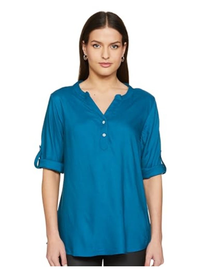 fyltr Women's Fashion V-Neck Top with Roll-up Sleeves  | Tops for Women | Soft & Comfortable | Women's Top for Office - Image 1