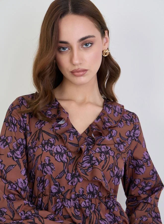 Styli  Brown Floral Print Midi Dress for Women | Best Price UAE