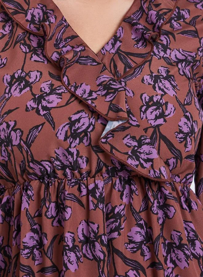 Styli  Brown Floral Print Midi Dress for Women | Best Price UAE