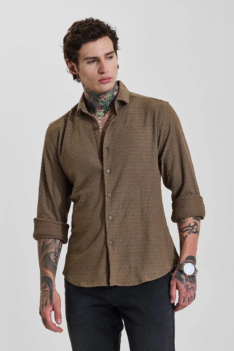 SNITCH Dark Brown Textured Long Sleeve Slim Fit Shirt