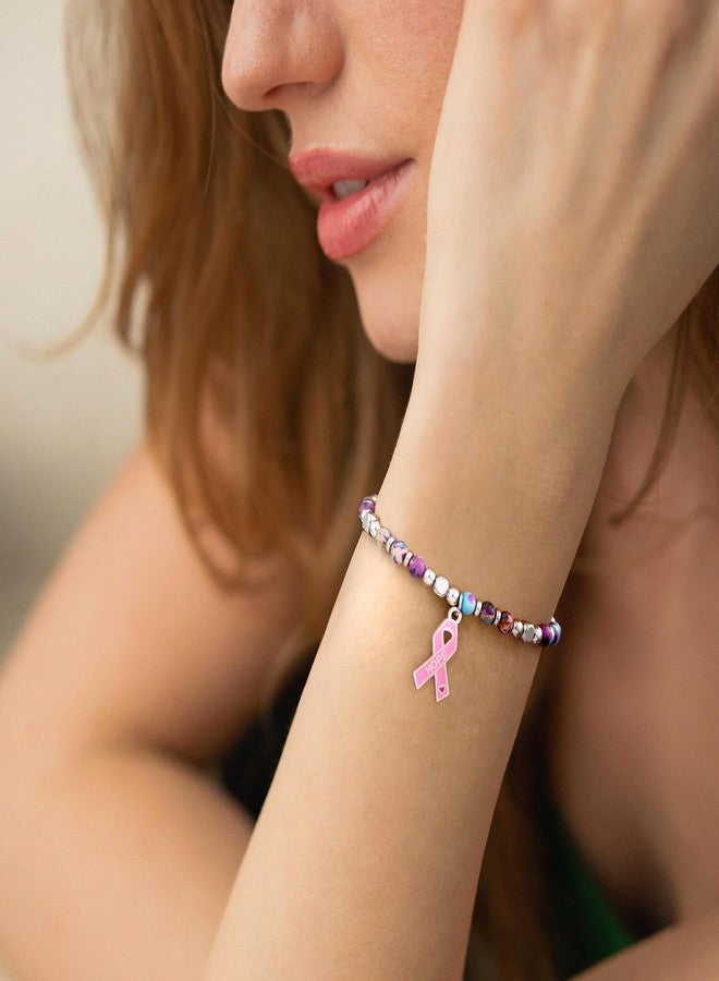 Sistble Breast Cancer Bracelets, Breast Cancer Awareness Accessories Bracelets Inspirational Gifts for Women Survivor Bow Charm Beaded Bracelet Purple Stone Valentines Mothers Day Gift for Mom Wife - Image 3