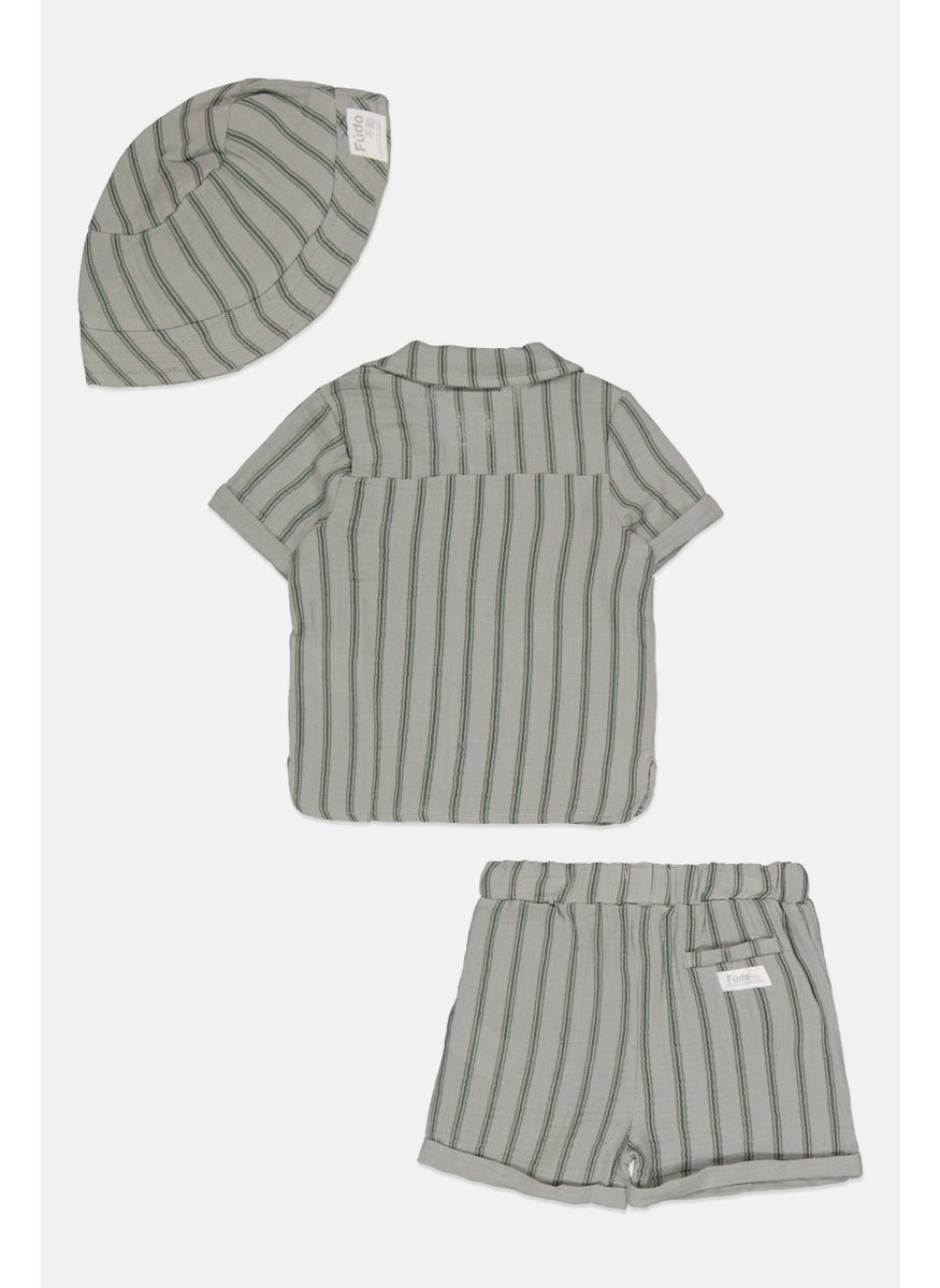 Fudo Toddler Boy 3 Pieces Short Sleeve Stripe Shirt Set, Sage Green  - Image 2