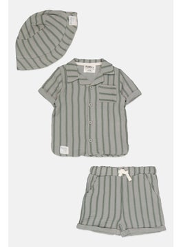 Fudo Toddler Boy 3 Pieces Short Sleeve Stripe Shirt Set, Sage Green  - Image 1
