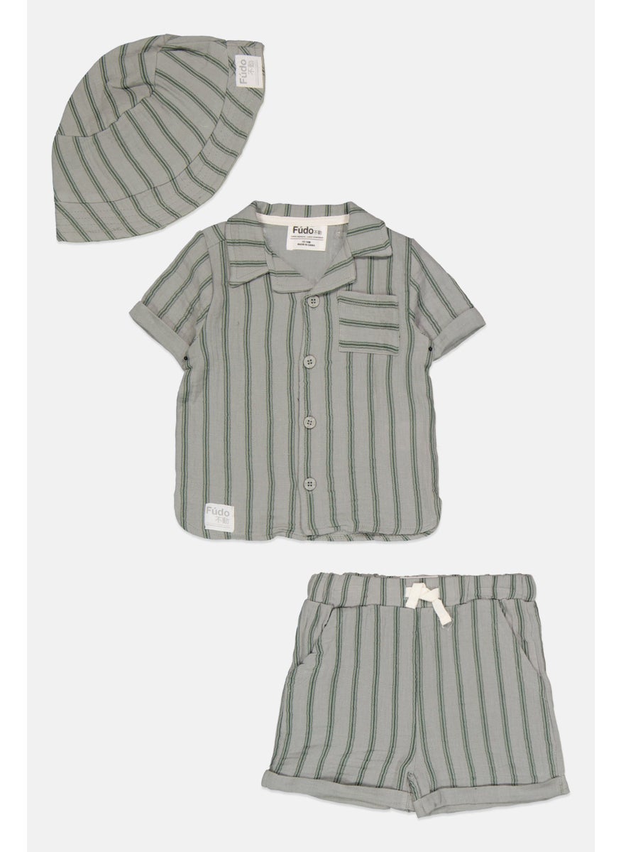 Fudo Toddler Boy 3 Pieces Short Sleeve Stripe Shirt Set, Sage Green  - Image 1