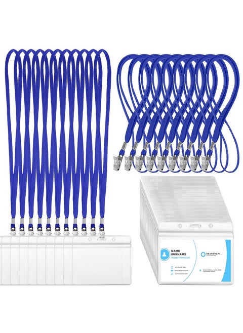 100 Sets Clear Name Tags With Lanyard, Lanyards For Id Badges Reusable Lanyard With Id Holder Plastic Name Badges With Lanyards For Adults Kids Business School Church Conference (Blue)