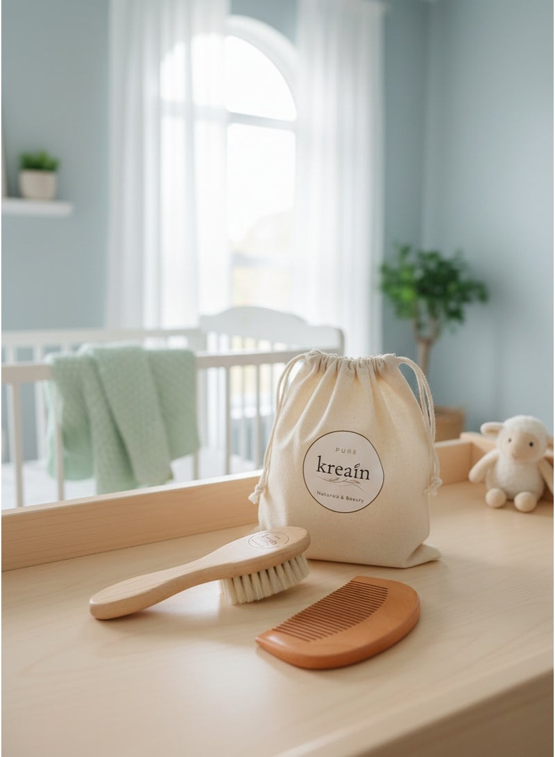 كراين طقم فرشاة ومشط للأطفال – فرشاة بشعيرات ماعز طبيعية 100% + مشط من خشب الزان للعناية بفروة رأس المواليد | لطيفة لقشرة المهد وتساعد على تفكيكها، خالية من البلاستيك والدهانات، للجنسين، مع كيس قطني مناسب للهدايا - Image 5