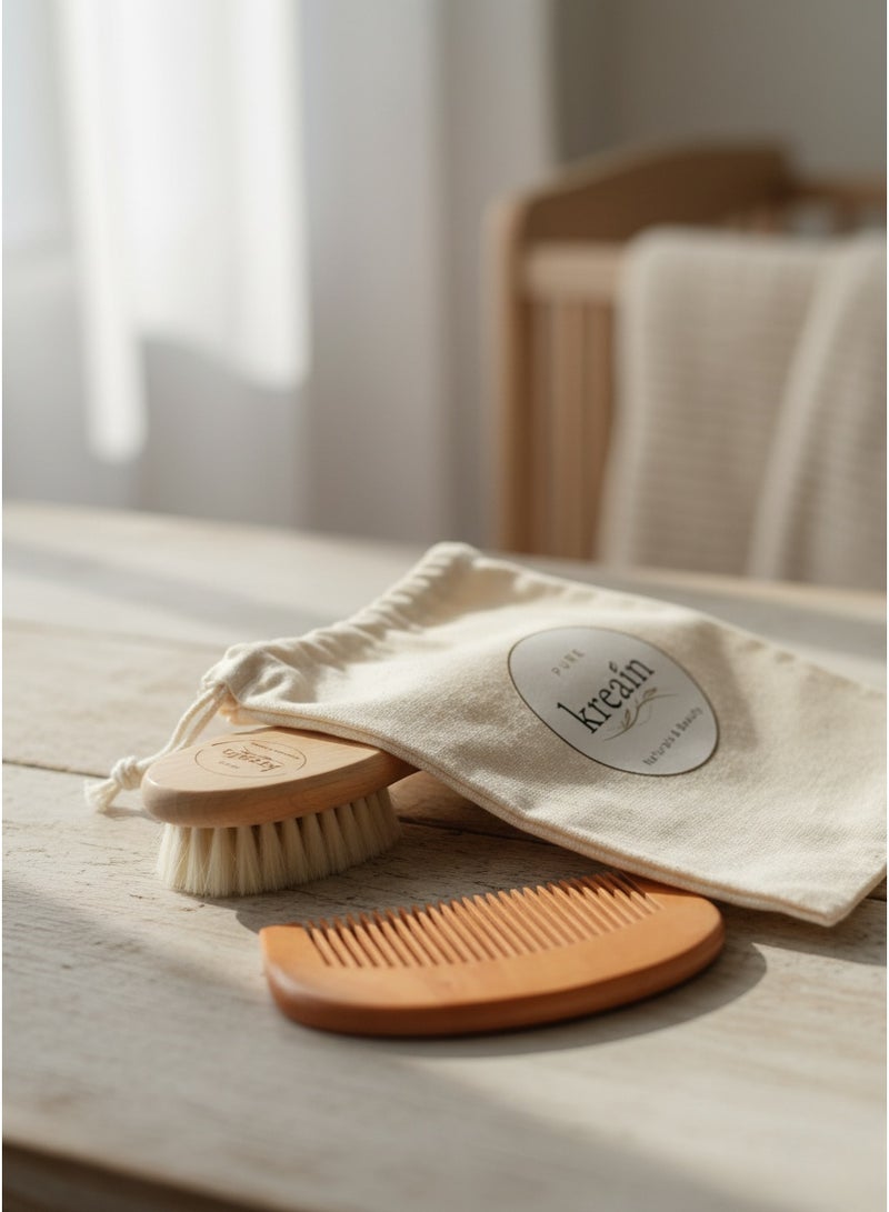 كراين طقم فرشاة ومشط للأطفال – فرشاة بشعيرات ماعز طبيعية 100% + مشط من خشب الزان للعناية بفروة رأس المواليد | لطيفة لقشرة المهد وتساعد على تفكيكها، خالية من البلاستيك والدهانات، للجنسين، مع كيس قطني مناسب للهدايا - Image 4