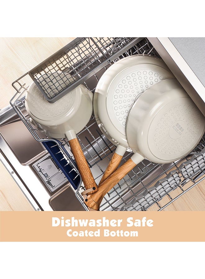 سنسارتي طقم أواني طهي سيراميكي من 14 قطعة بمقابض خشبية، غير لاصق، خالٍ من حمض بيرفلورو الأوكتانويك (PFOA) وحمض بيرفلورو الأوكتانويك (PFOS) وحمض الأبيوفلافونويديك (Apeo)، طاجن بغطاء (1×24 سم)، مقلاة (1×20 سم)، مقلاة (1×24 سم)، مقلاة (1×28 سم) بغطاء، مقلاة صلصة (1×18 سم) بغطاء، أداتان سيليكون، 4 واقيات للمقالي، لون أبيض كريمي - Image 3