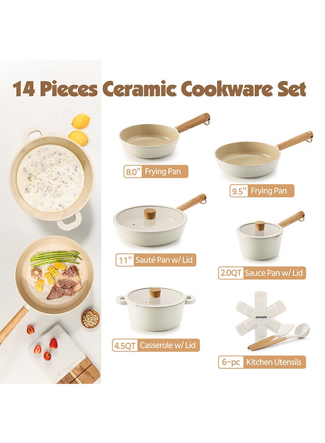 سنسارتي طقم أواني طهي سيراميكي من 14 قطعة بمقابض خشبية، غير لاصق، خالٍ من حمض بيرفلورو الأوكتانويك (PFOA) وحمض بيرفلورو الأوكتانويك (PFOS) وحمض الأبيوفلافونويديك (Apeo)، طاجن بغطاء (1×24 سم)، مقلاة (1×20 سم)، مقلاة (1×24 سم)، مقلاة (1×28 سم) بغطاء، مقلاة صلصة (1×18 سم) بغطاء، أداتان سيليكون، 4 واقيات للمقالي، لون أبيض كريمي - Image 2