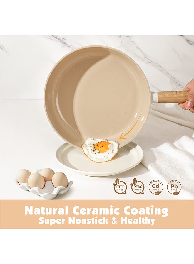 سنسارتي طقم أواني طهي سيراميكي من 14 قطعة بمقابض خشبية، غير لاصق، خالٍ من حمض بيرفلورو الأوكتانويك (PFOA) وحمض بيرفلورو الأوكتانويك (PFOS) وحمض الأبيوفلافونويديك (Apeo)، طاجن بغطاء (1×24 سم)، مقلاة (1×20 سم)، مقلاة (1×24 سم)، مقلاة (1×28 سم) بغطاء، مقلاة صلصة (1×18 سم) بغطاء، أداتان سيليكون، 4 واقيات للمقالي، لون أبيض كريمي - Image 4