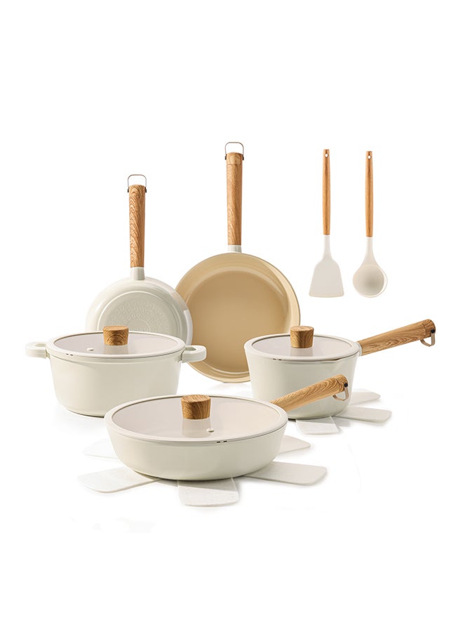 سنسارتي طقم أواني طهي سيراميكي من 14 قطعة بمقابض خشبية، غير لاصق، خالٍ من حمض بيرفلورو الأوكتانويك (PFOA) وحمض بيرفلورو الأوكتانويك (PFOS) وحمض الأبيوفلافونويديك (Apeo)، طاجن بغطاء (1×24 سم)، مقلاة (1×20 سم)، مقلاة (1×24 سم)، مقلاة (1×28 سم) بغطاء، مقلاة صلصة (1×18 سم) بغطاء، أداتان سيليكون، 4 واقيات للمقالي، لون أبيض كريمي - Image 1