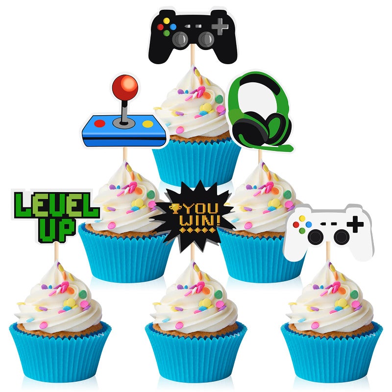 MIAHART 60 Pcs Video Game Themes Cake Toppers 6 Styles Cupcake Picks Decorations for Kids Gaming Birthday Fans Party Favors - Image 1