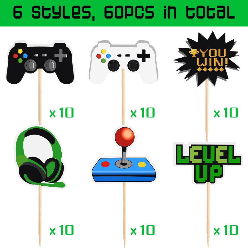 MIAHART 60 Pcs Video Game Themes Cake Toppers 6 Styles Cupcake Picks Decorations for Kids Gaming Birthday Fans Party Favors - Image 2