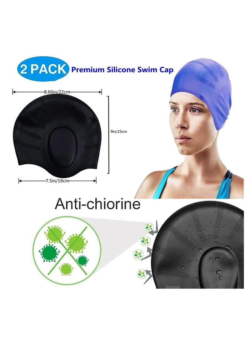 2Pcs Silicone Swim Cap Ear Protection, Ergonomic Design Waterproof Bathing Solid Swimming Cap Ear Cover, for Adult Men Women Long Hair