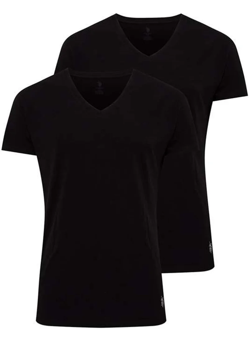 يو اس بولو اسن BASE. Polo Assn. 80194 Men's 2-Piece Short Sleeve V-Neck Undershirt-Black