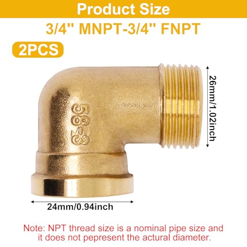 GDFYMI 2pcs Brass Pipe Fitting 90 Degree Elbow 3/4" NPT Male to 3/4" NPT Female Pipe Fittings - Image 2