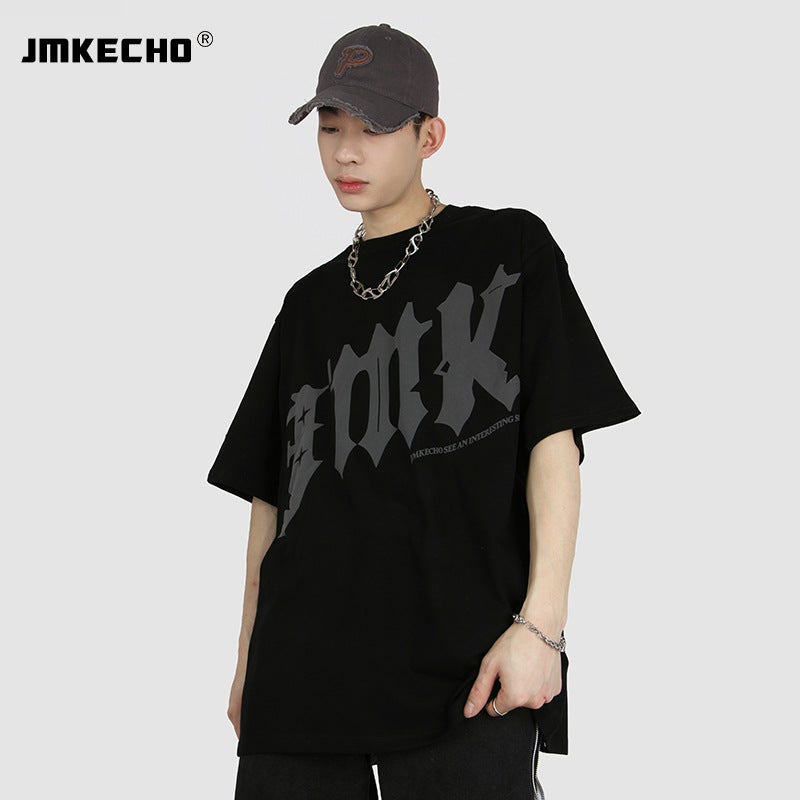 JMKECHO Men's Fashion Brand Street Short-sleeved T-shirt oversize Simple Design Sense Letter Foam Printed Top - Image 5