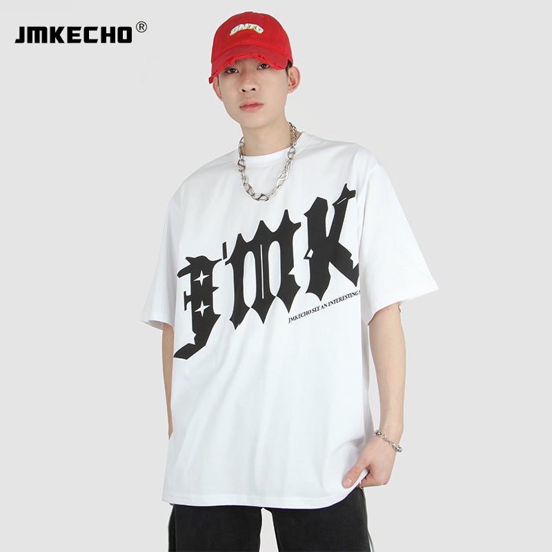 JMKECHO Men's Fashion Brand Street Short-sleeved T-shirt oversize Simple Design Sense Letter Foam Printed Top - Image 4
