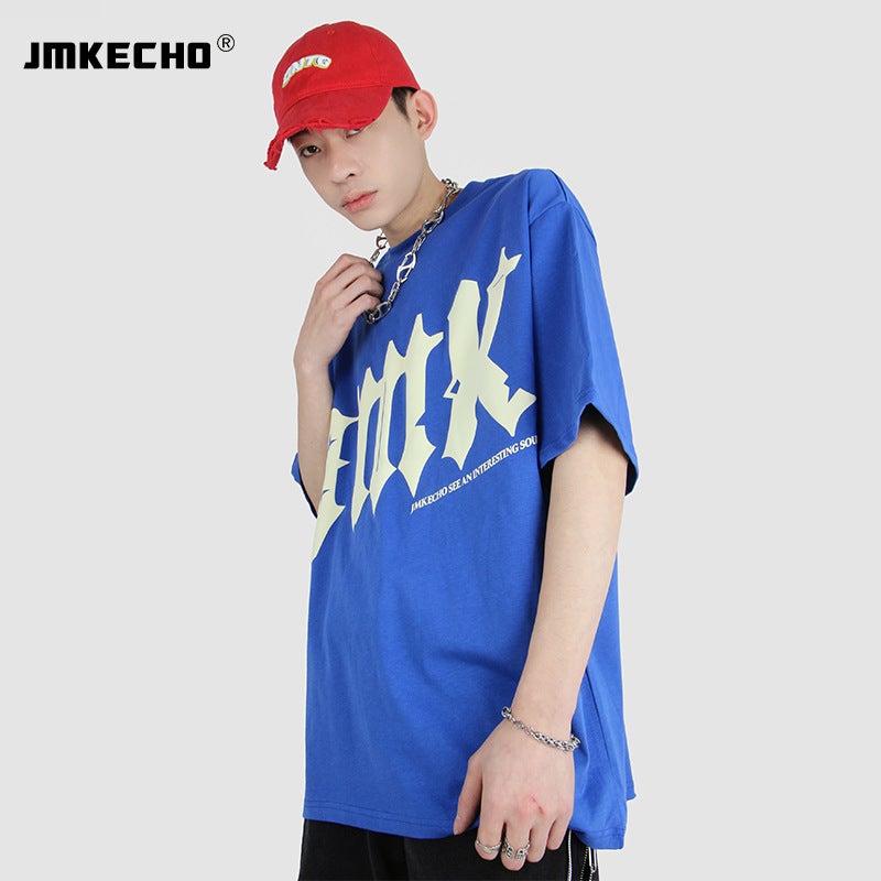 JMKECHO Men's Fashion Brand Street Short-sleeved T-shirt oversize Simple Design Sense Letter Foam Printed Top - Image 3