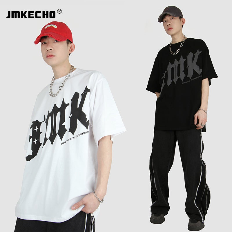 JMKECHO Men's Fashion Brand Street Short-sleeved T-shirt oversize Simple Design Sense Letter Foam Printed Top - Image 2