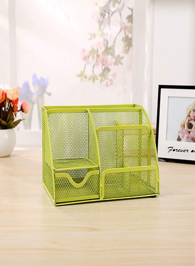 VANRA Office Supply Caddy Mesh Desk Organizer School Supply Holder 6 Compartments with Drawer (Green) - Image 5