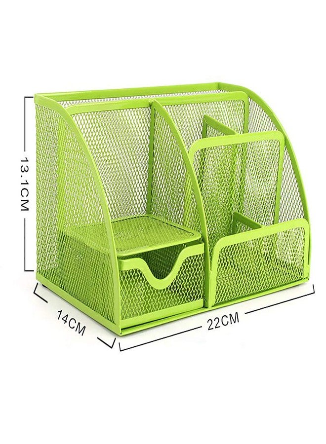 VANRA Office Supply Caddy Mesh Desk Organizer School Supply Holder 6 Compartments with Drawer (Green) - Image 2
