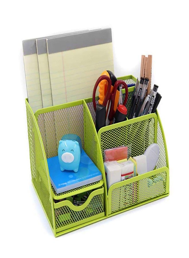 VANRA Office Supply Caddy Mesh Desk Organizer School Supply Holder 6 Compartments with Drawer (Green) - Image 4