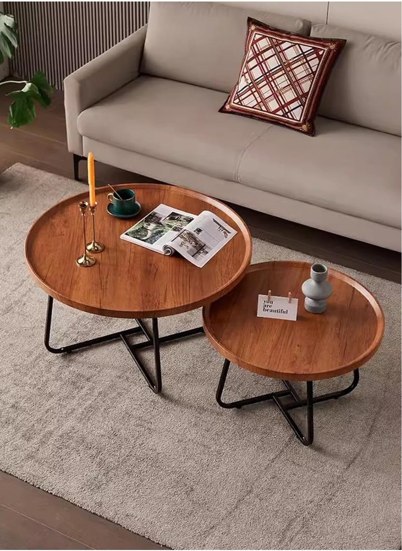JOMILA Set of 2 nesting coffee table, wooden walnut coffee table rustic coffee Table mid-century modern round coffee tables center table for living room bedroom office furniture easy assembly 50CM plus 70CM  - Image 1